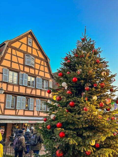 Árvore de Natal em dia ensolarado em Colmar, na França